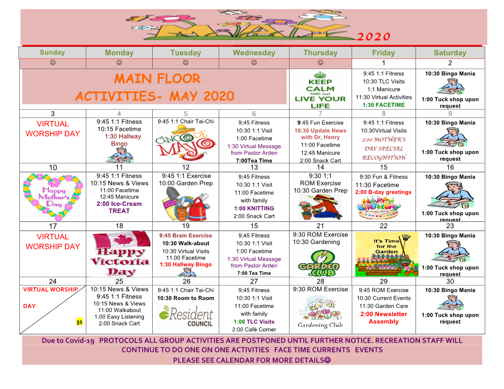 Main Floor Activities- May 2020