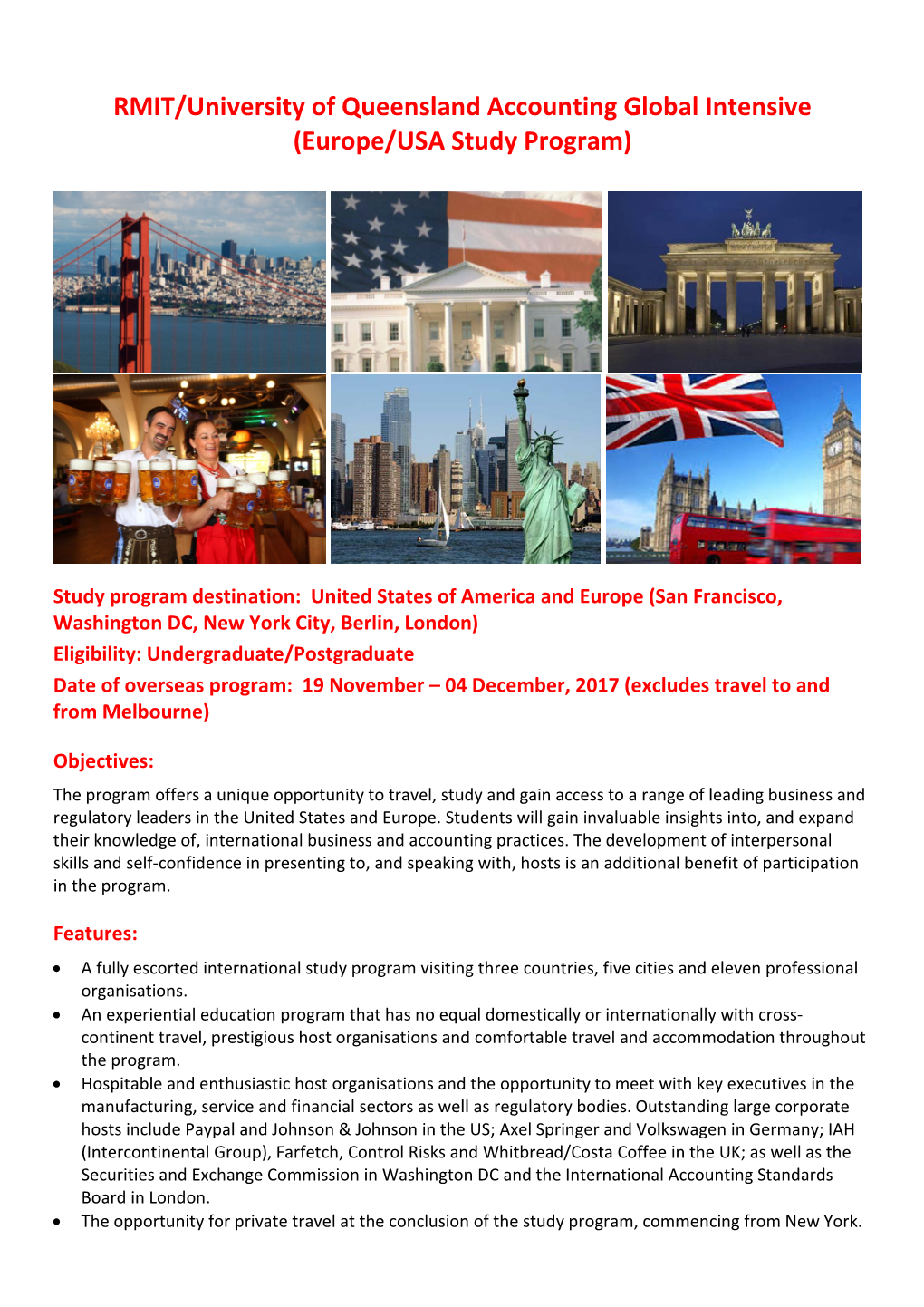 RMIT/University of Queensland Accounting Global Intensive (Europe/USA Study Program)