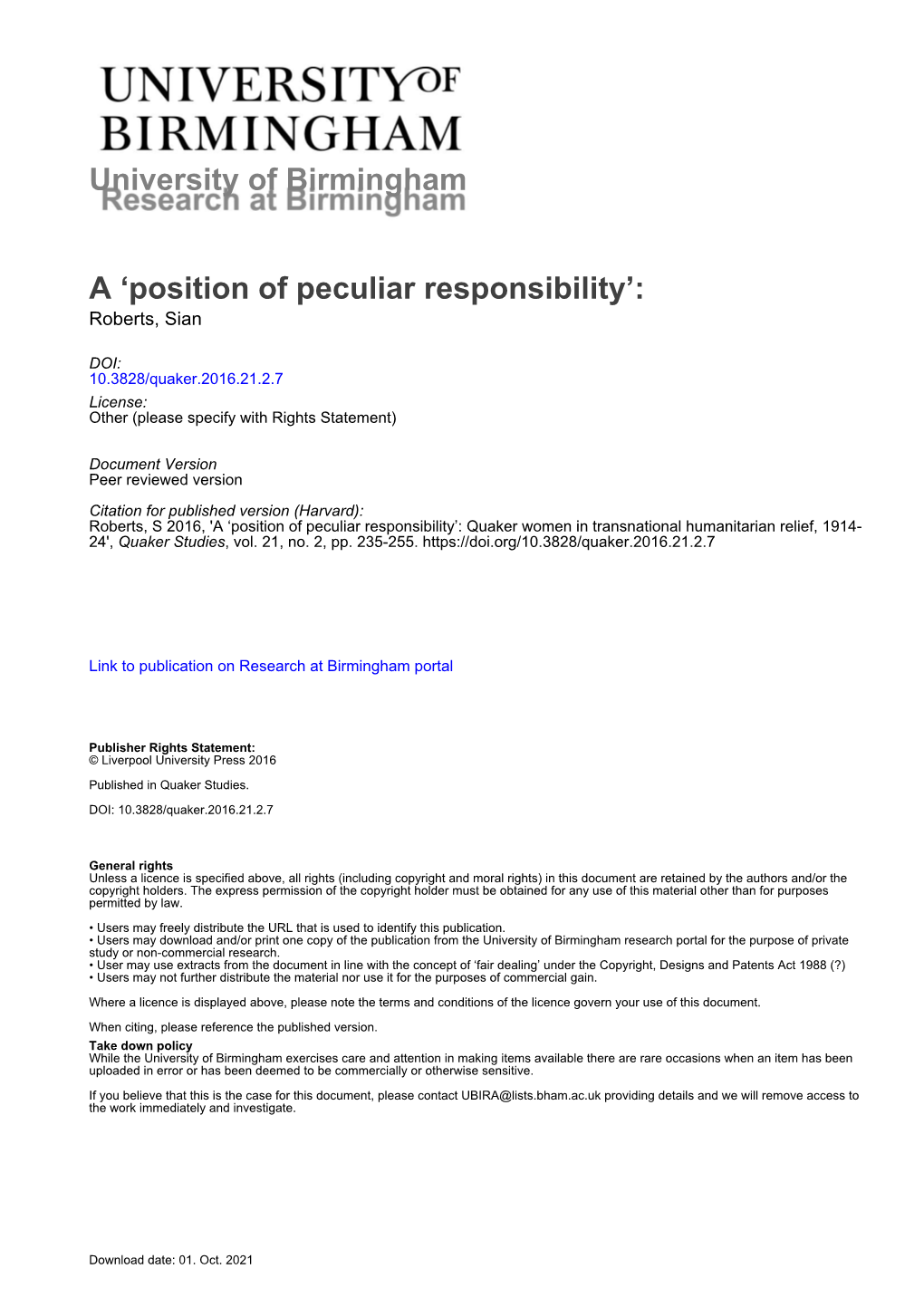 University of Birmingham a 'Position of Peculiar Responsibility'