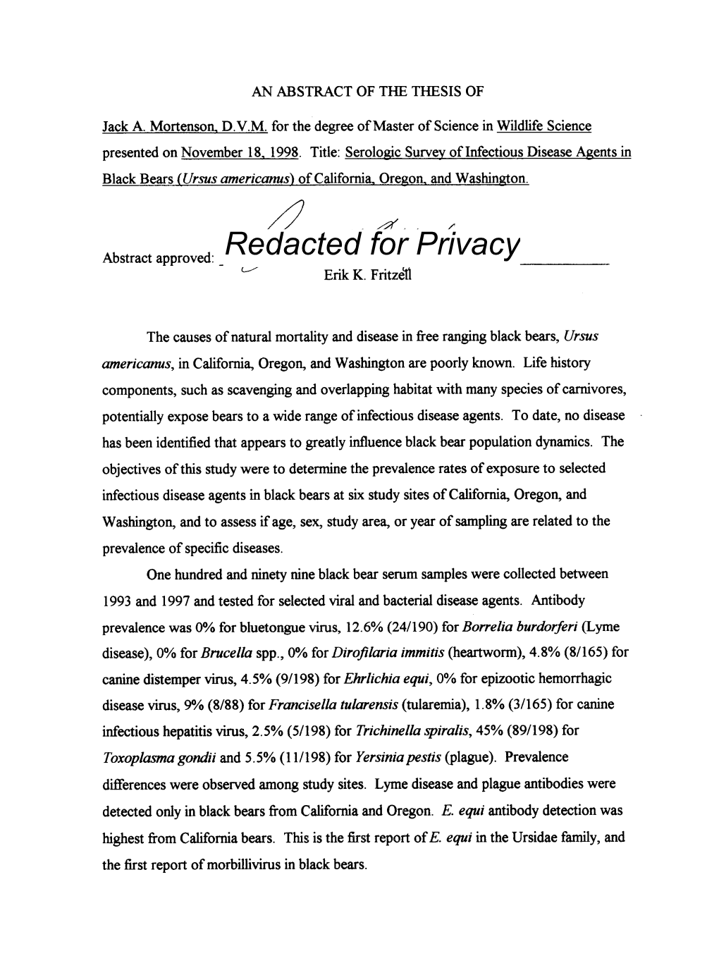 Serologic Survey of Infectious Disease Agents in Black Bears (Ursus Americanus) of California, Oregon, and Washington