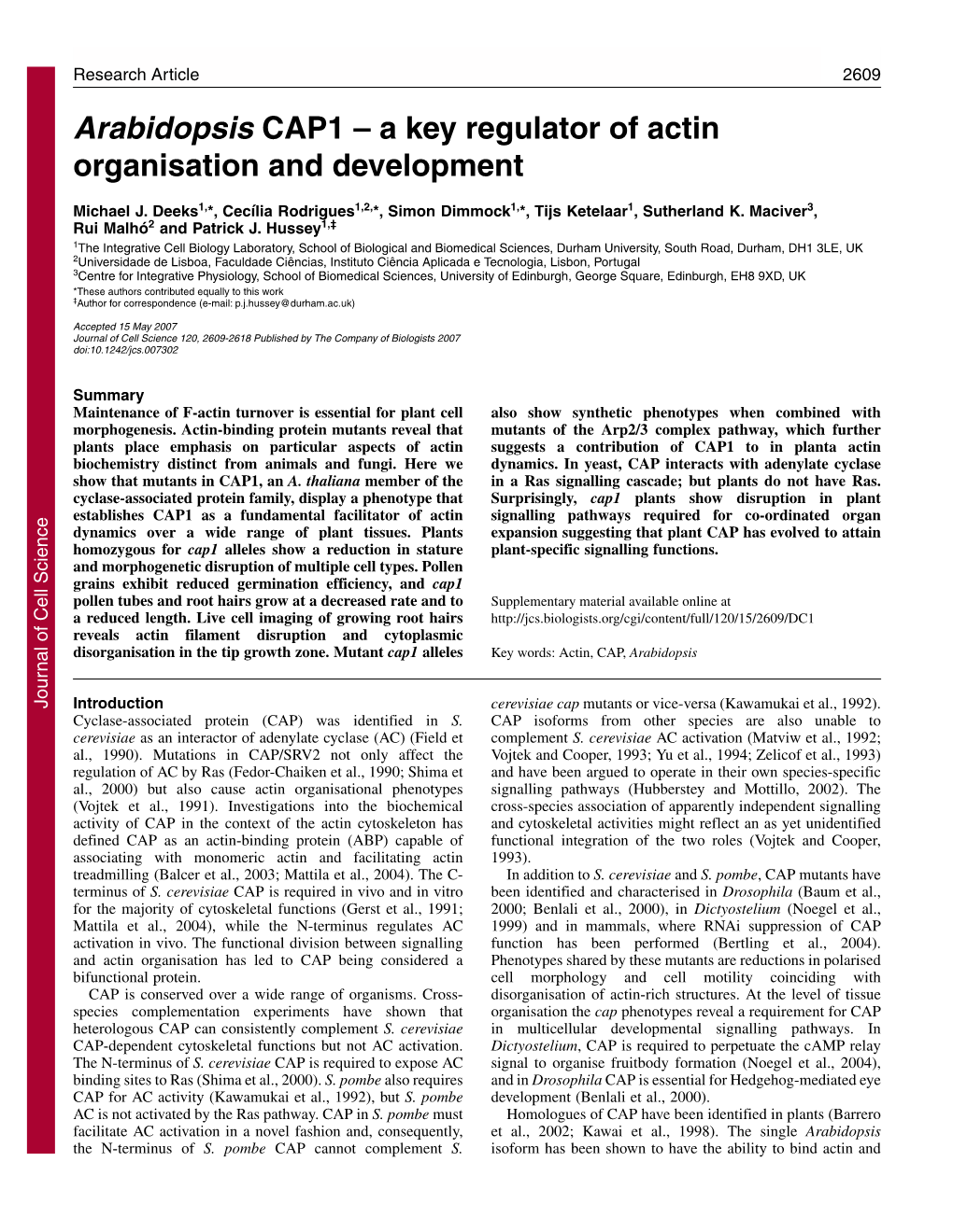 Arabidopsis CAP1 – a Key Regulator of Actin Organisation and Development