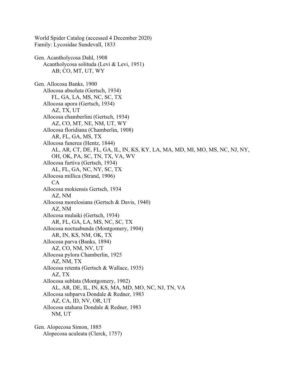 World Spider Catalog (Accessed 4 December 2020) Family: Lycosidae Sundevall, 1833