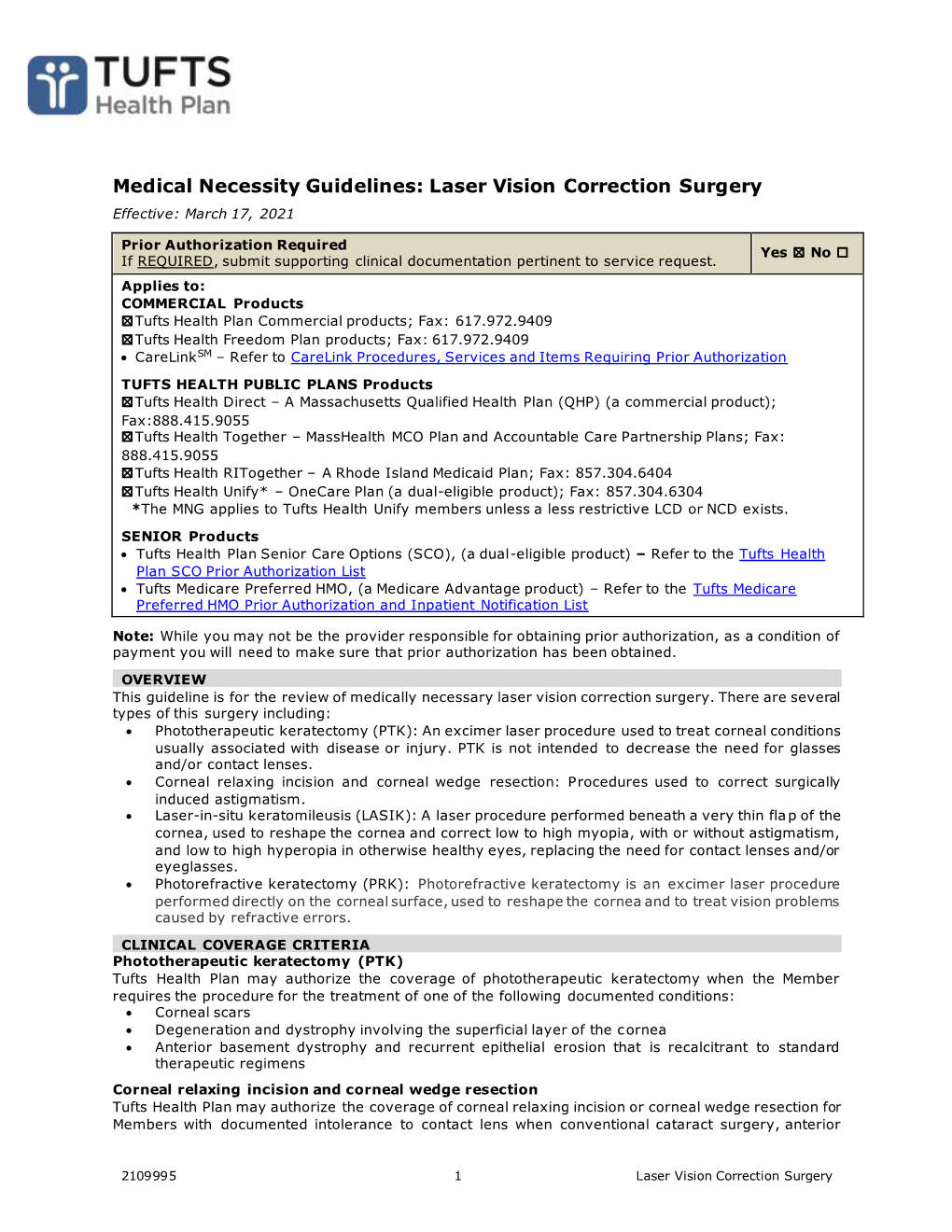 Medical Necessity Guidelines: Laser Vision Correction Surgery Effective: March 17, 2021