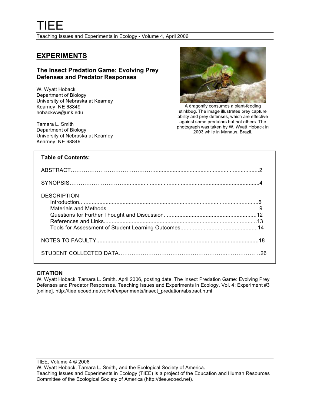 Experiments in Ecology - Volume 4, April 2006