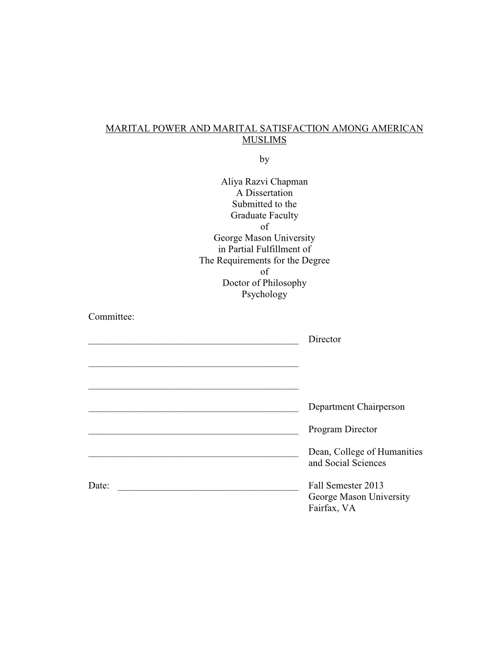 MARITAL POWER and MARITAL SATISFACTION AMONG AMERICAN MUSLIMS By