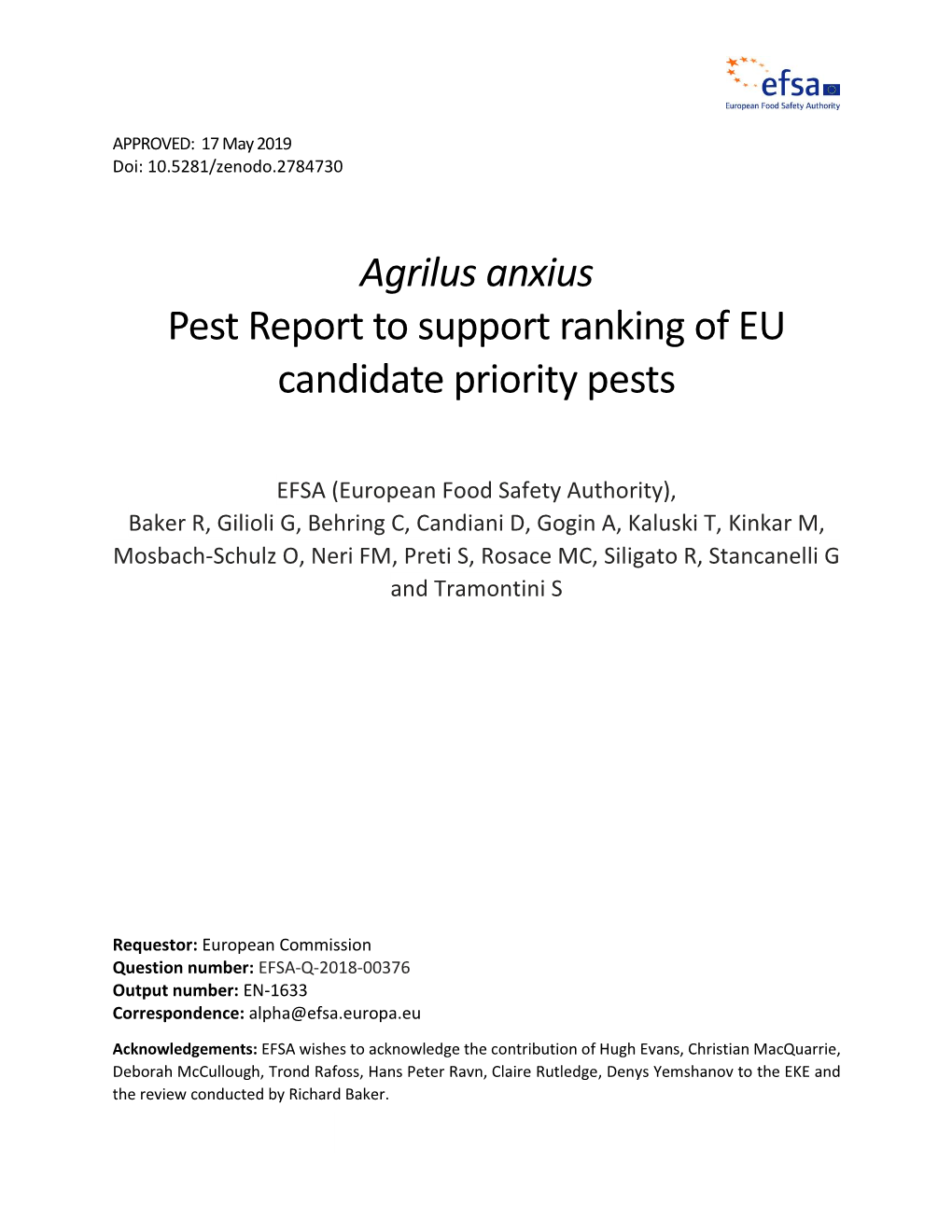 Agrilus Anxius Pest Report to Support Ranking of EU Candidate Priority Pests