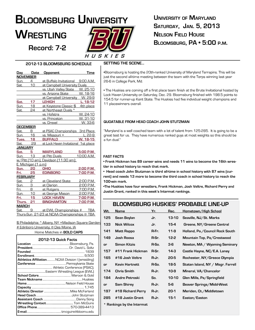 Bloomsburg University Wrestling Bloomsburg University Wrestling 2012-13 Huskies Match Notes