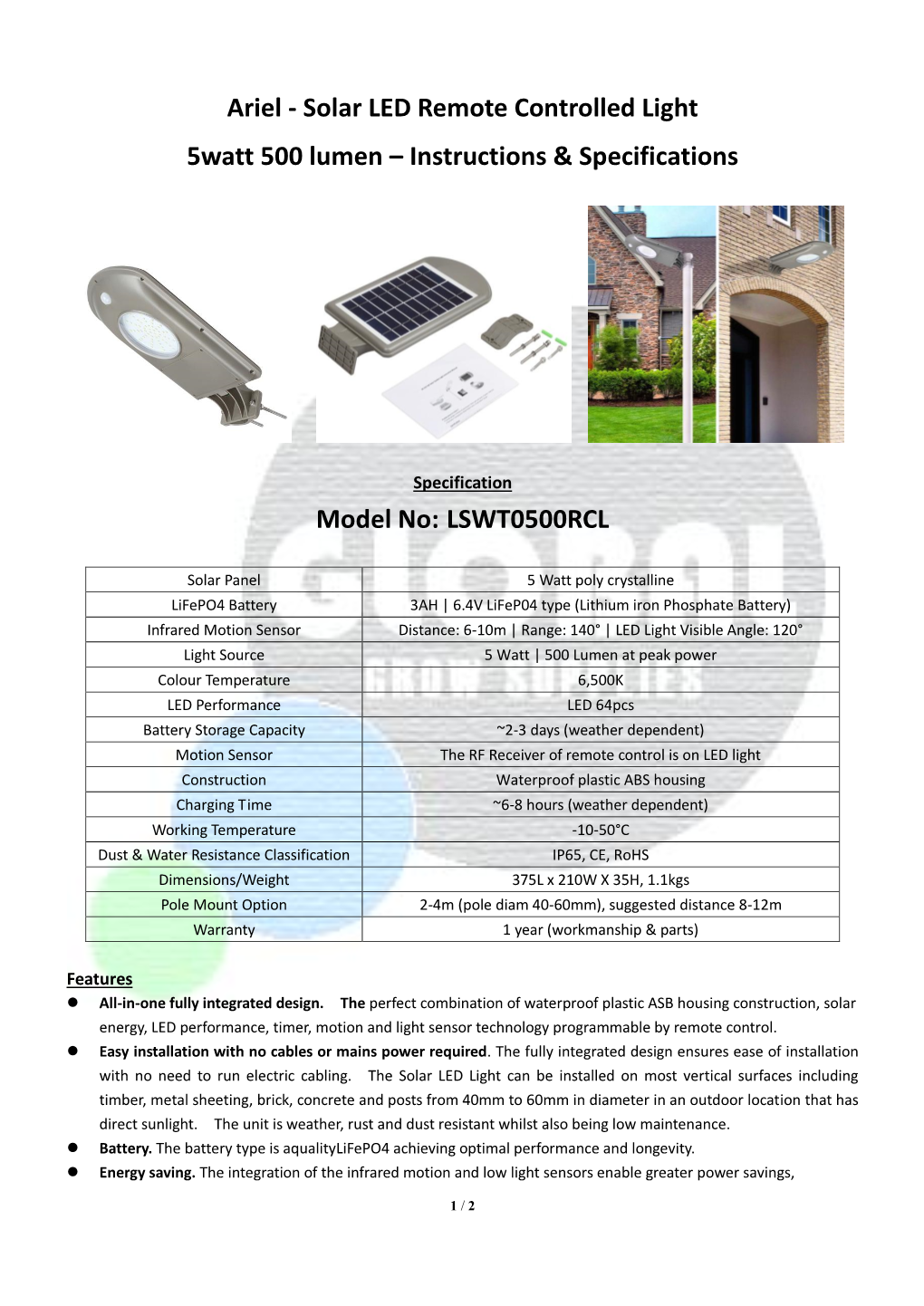 Ariel - Solar LED Remote Controlled Light 5Watt 500 Lumen – Instructions & Specifications