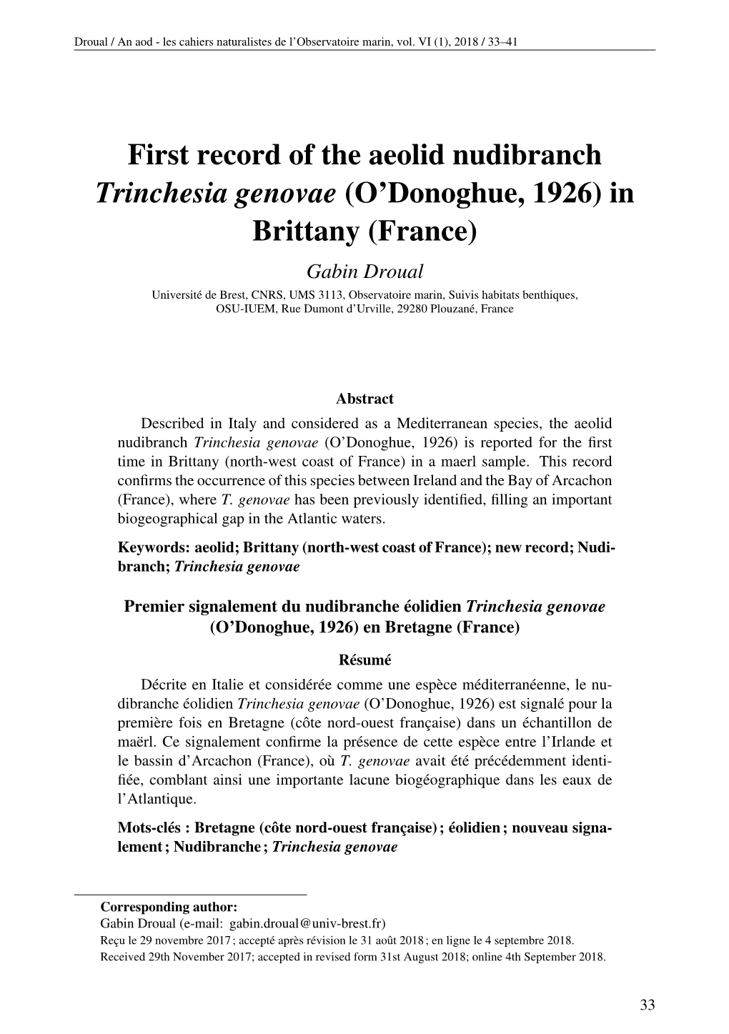 First Record of the Aeolid Nudibranch Trinchesia Genovae (O