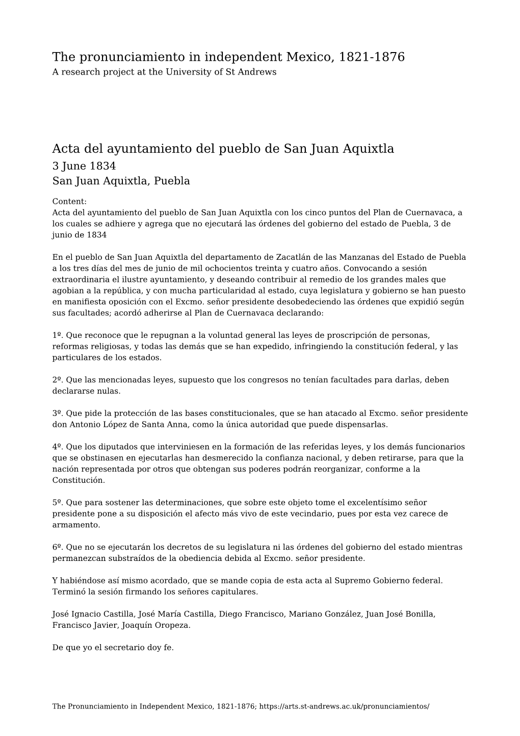 Acta Del Ayuntamiento Del Pueblo De San Juan Aquixtla 3 June 1834 San Juan Aquixtla, Puebla