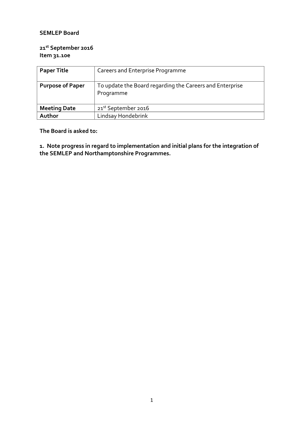 SEMLEP Board 21St September 2016 Item 31.10E Paper Title Careers