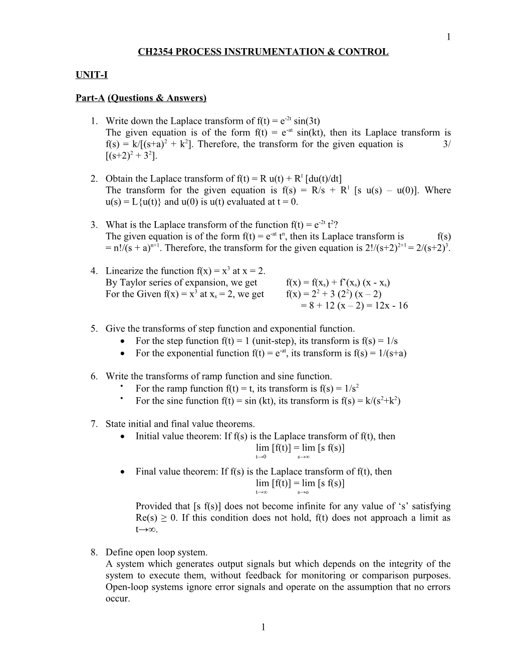 Ch1355 Process Instrumentation, Dynamics & Control