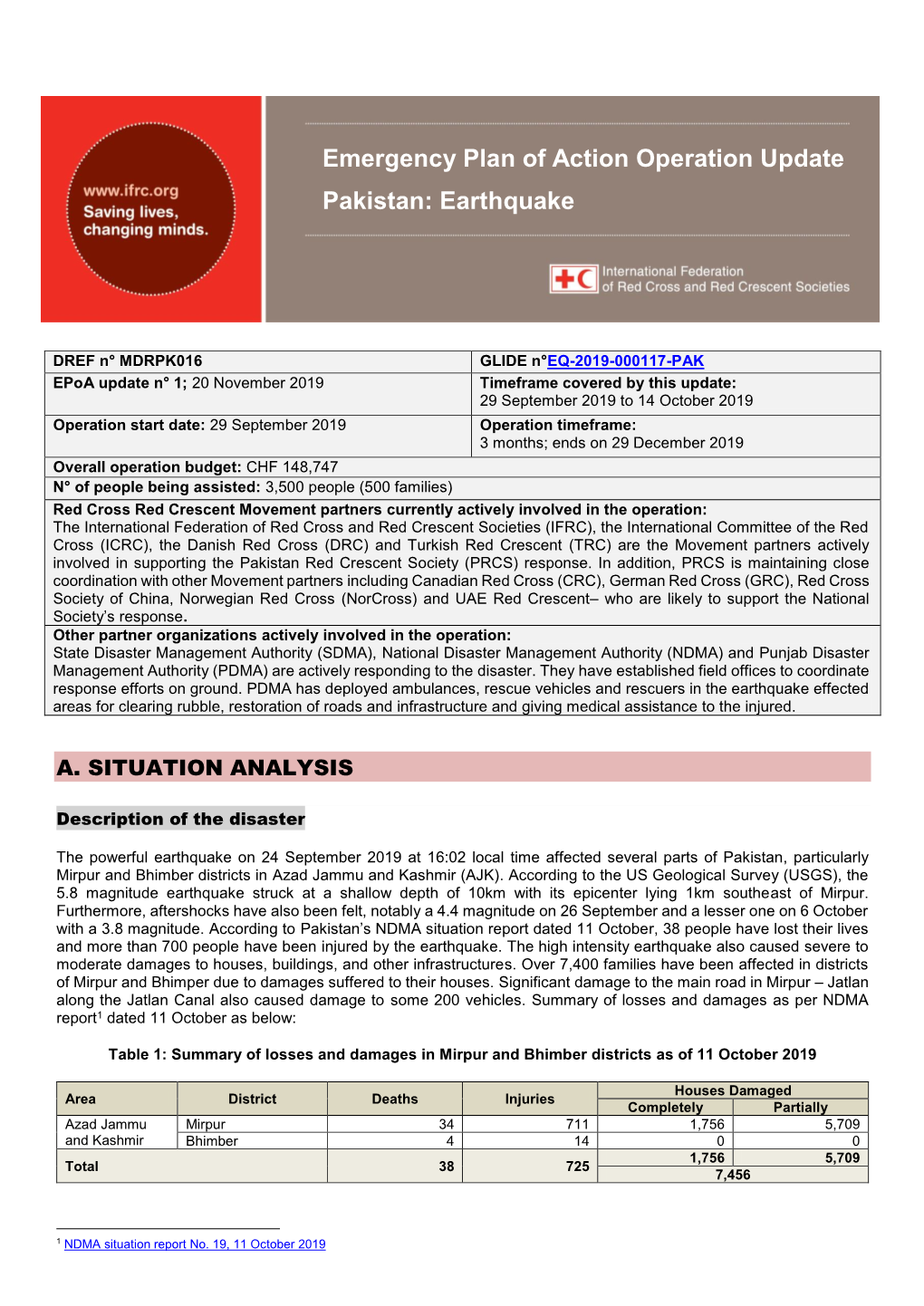 Emergency Plan of Action Operation Update Pakistan: Earthquake