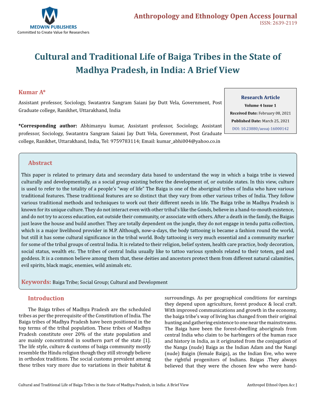 Cultural and Traditional Life of Baiga Tribes in the State of Madhya Pradesh, in India: a Brief View