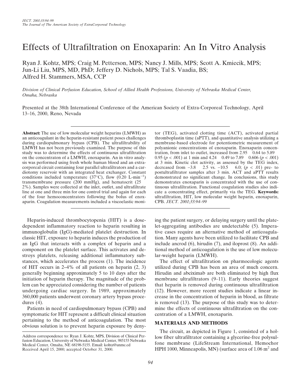 Effects of Ultrafiltration on Enoxaparin: an in Vitro Analysis