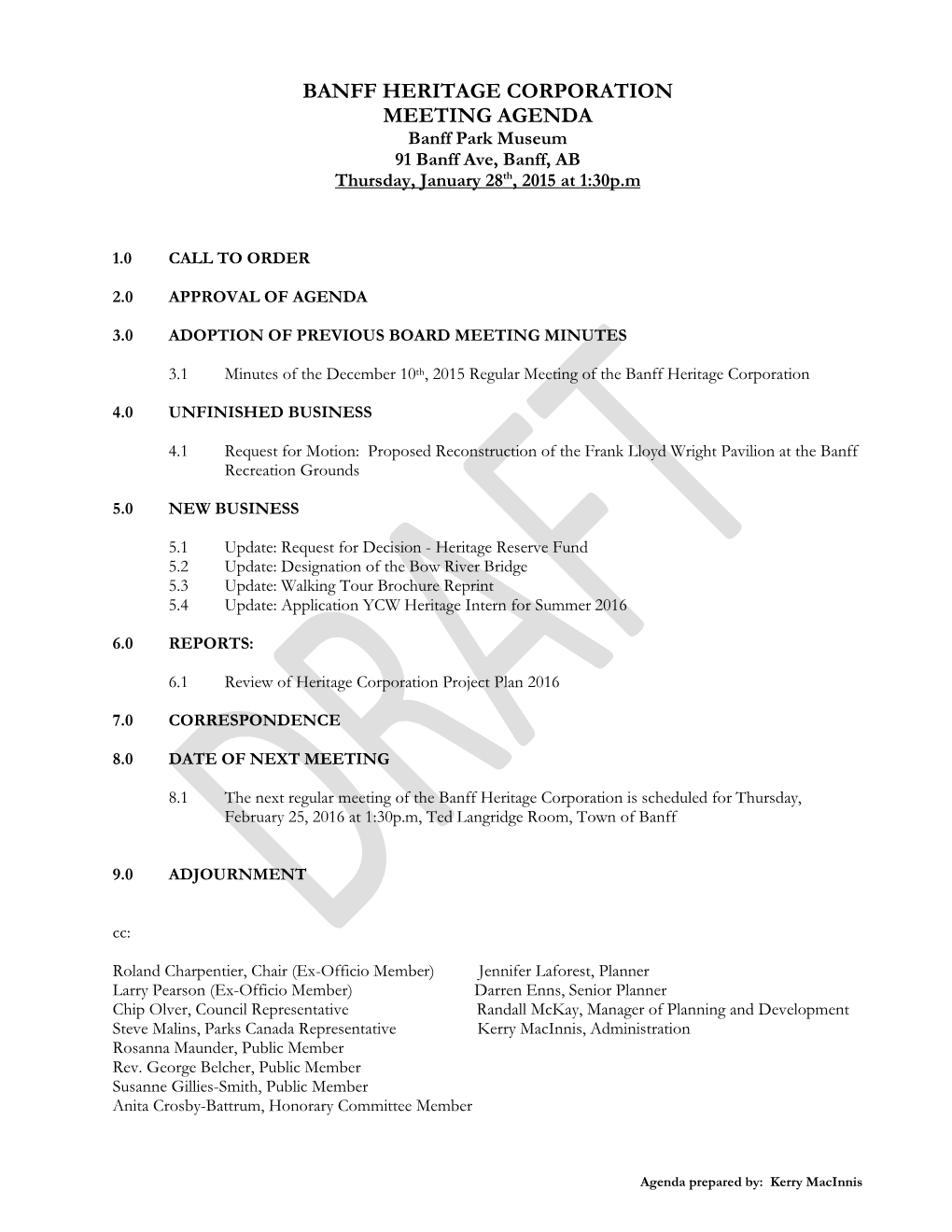 Banff Heritage Corporation Meeting Agenda for January 28, 2016