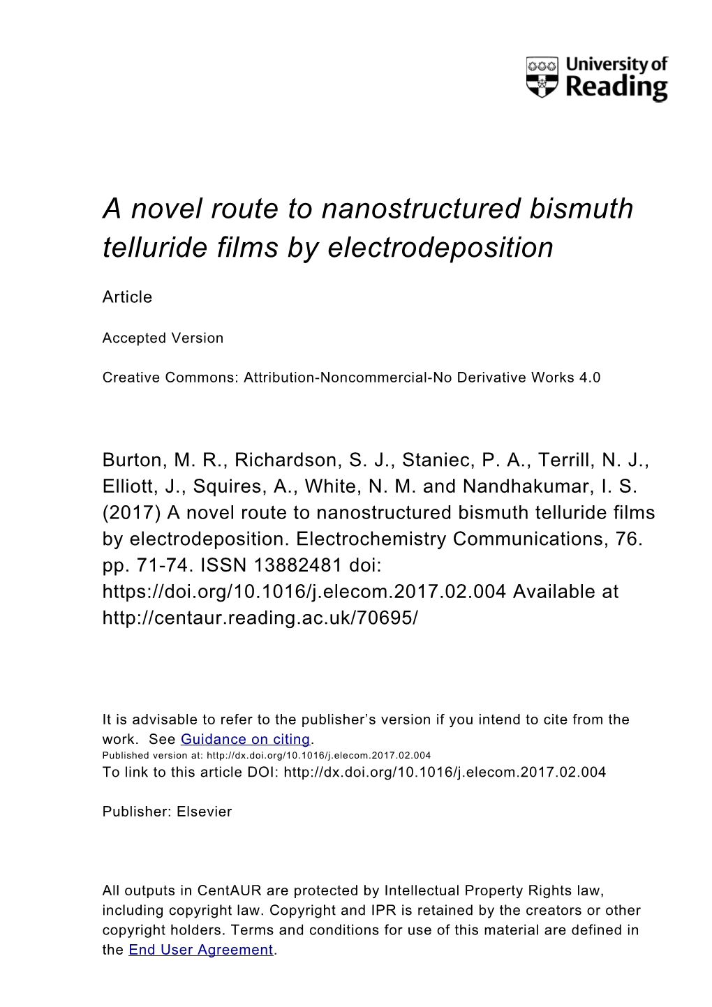 A Novel Route to Nanostructured Bismuth Telluride Films by Electrodeposition