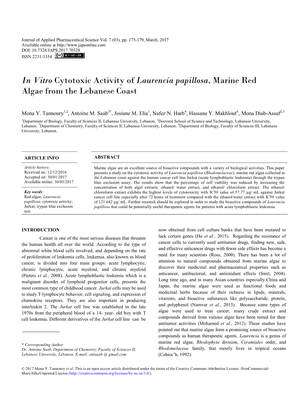 In Vitro Cytotoxic Activity of Laurencia Papillosa, Marine Red Algae from the Lebanese Coast