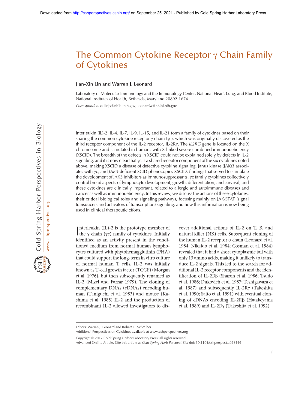 The Common Cytokine Receptor Γ Chain Family of Cytokines