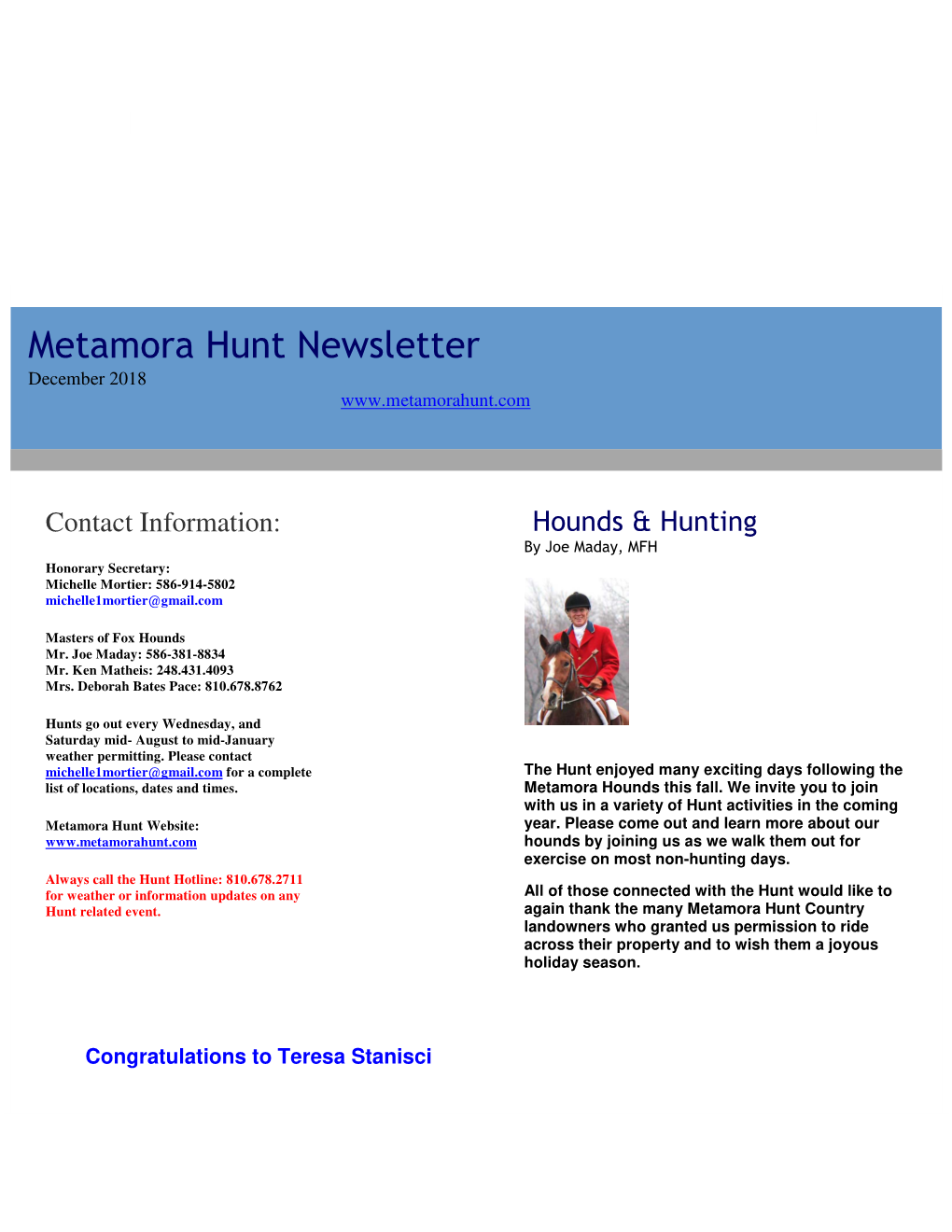 Enewsletter December 2018 Metamora Hunt