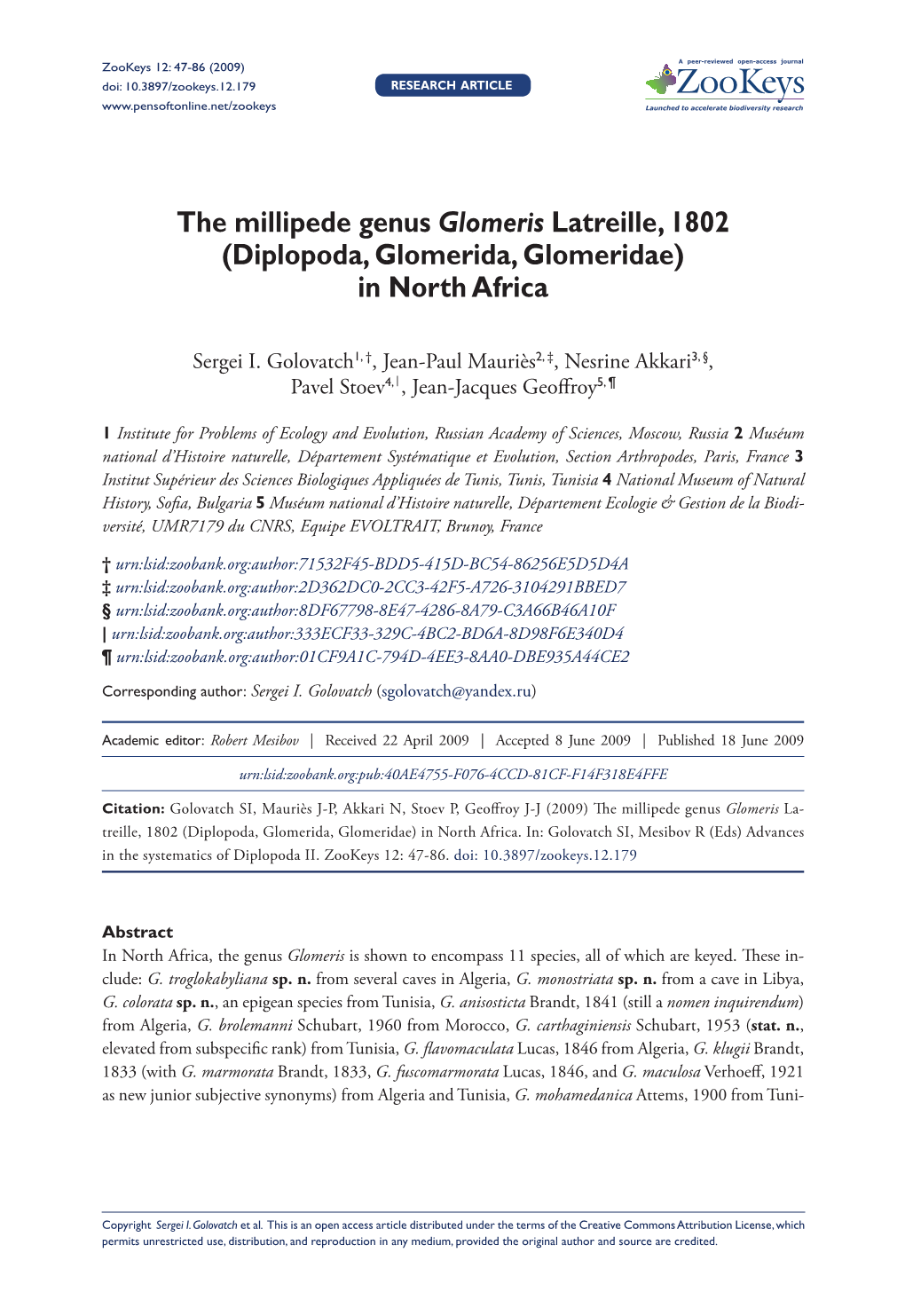 The Millipede Genus Glomeris Latreille, 1802 (Diplopoda, Glomerida, Glomeridae) in North Africa