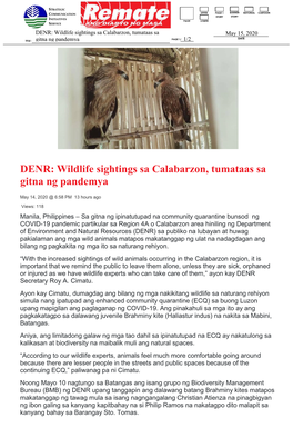DENR: Wildlife Sightings Sa Calabarzon, Tumataas Sa Gitna Ng Pandemya