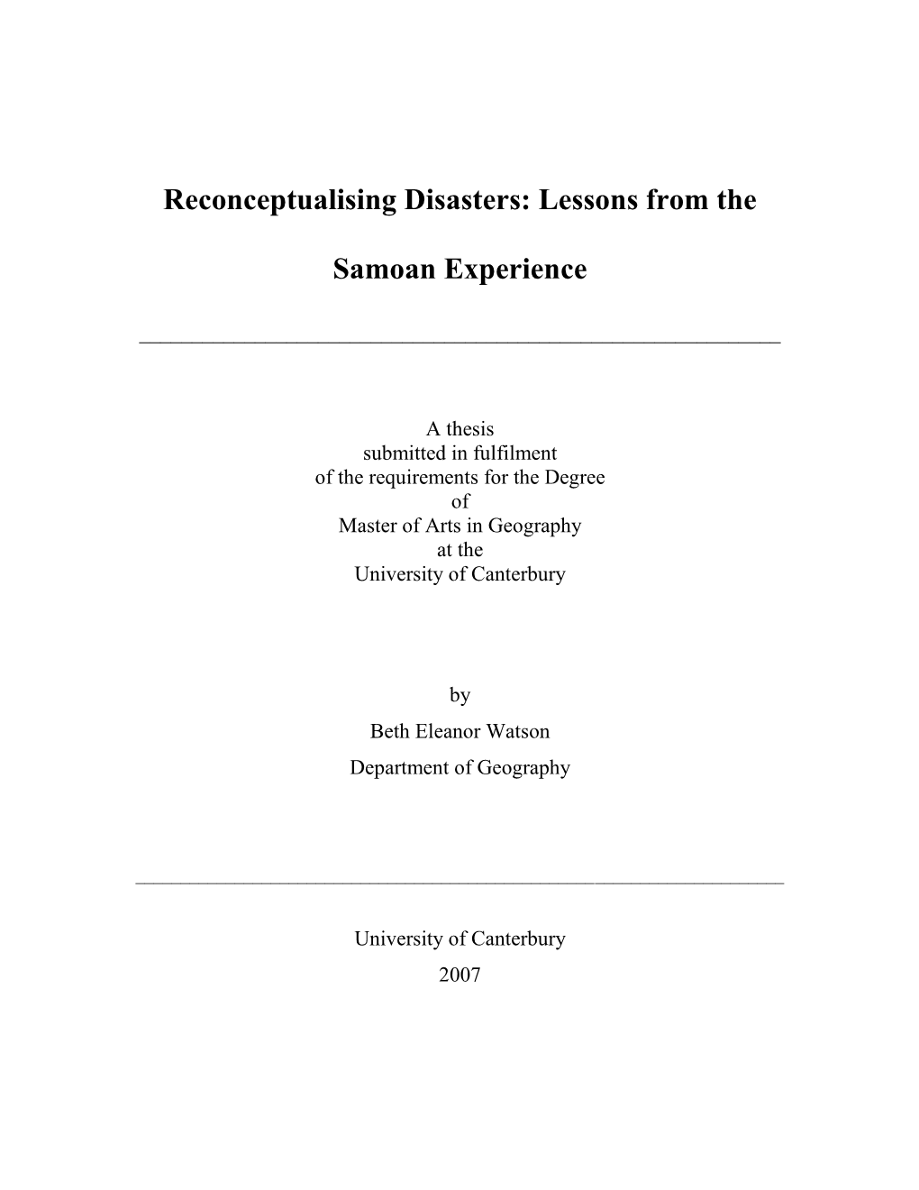 Reconceptualising Disasters: Lessons from the Samoan Experience