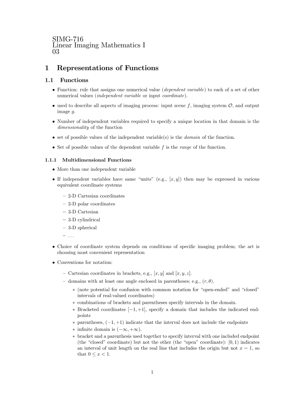 SIMG-716 Linear Imaging Mathematics I 03 1 Representations