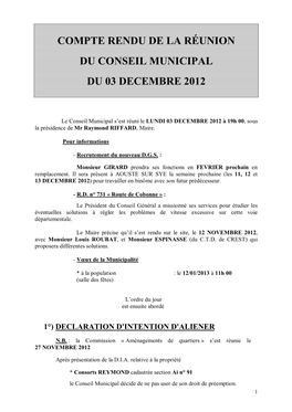 Compte Rendu De La Réunion Du Conseil Municipal Du 03