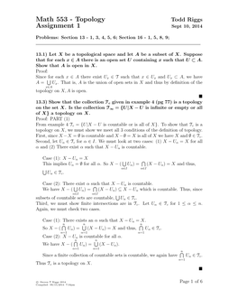 Math 553 - Topology Todd Riggs Assignment 1 Sept 10, 2014