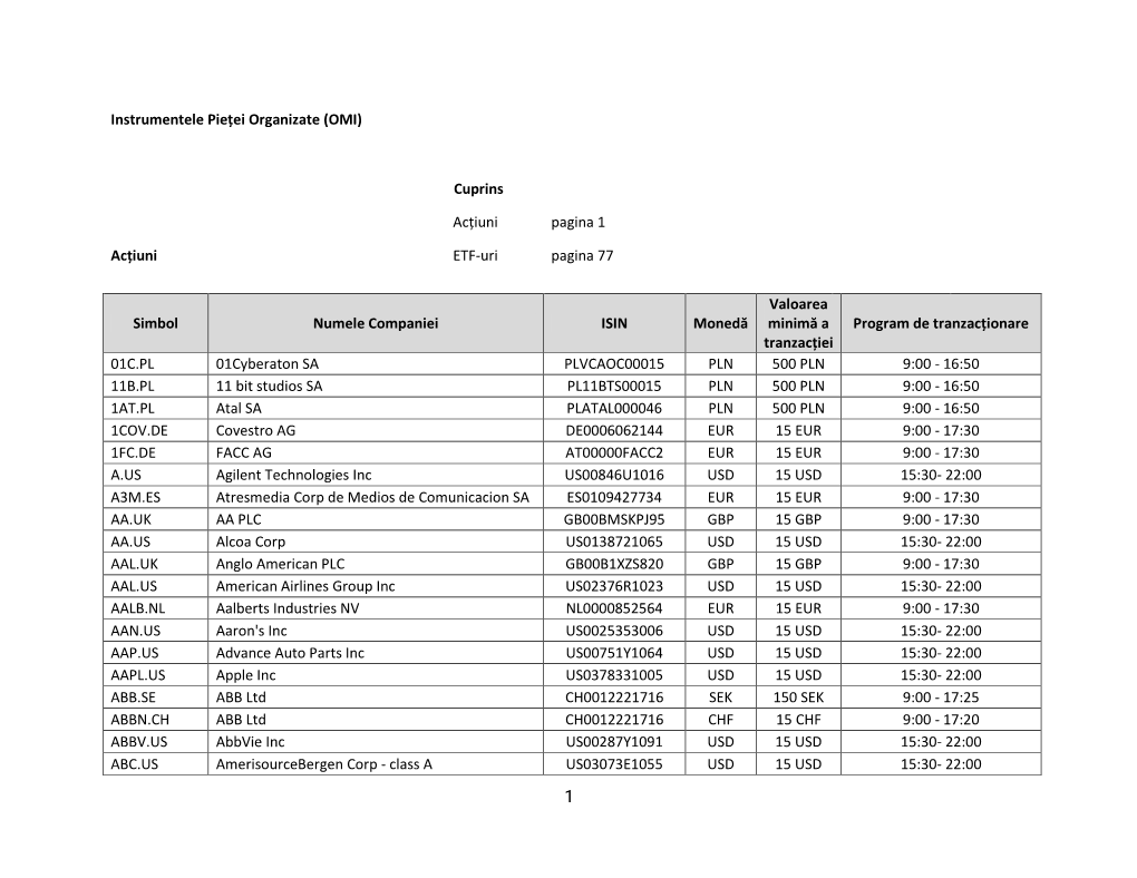 Instrumentele Pieței Organizate (OMI) Cuprins Acțiuni Pagina 1