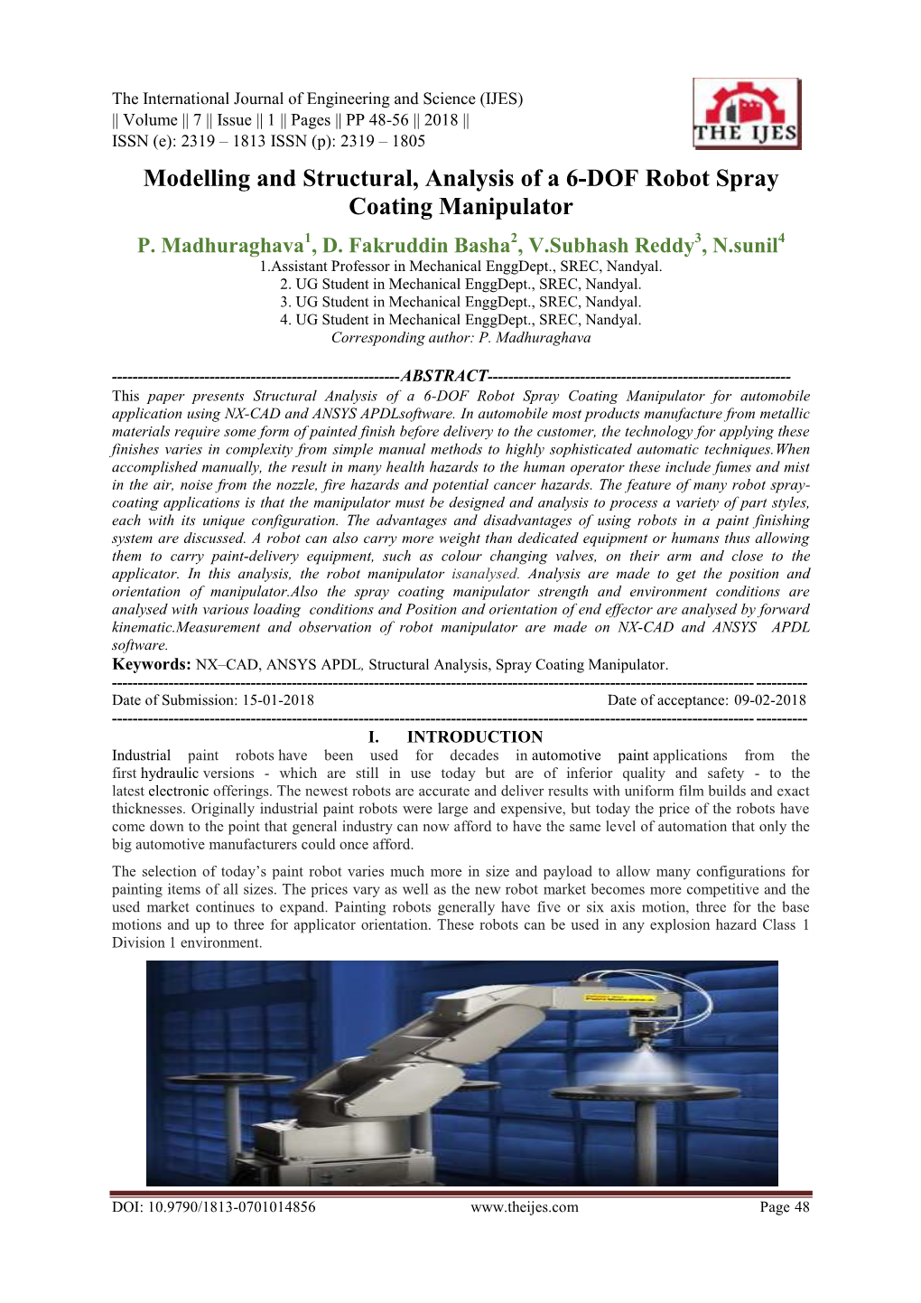 Modelling and Structural, Analysis of a 6-DOF Robot Spray Coating Manipulator P