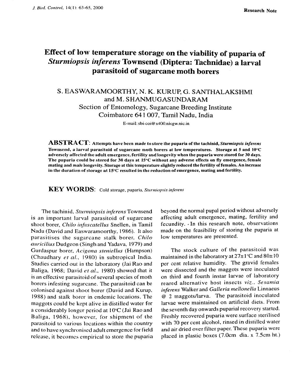 Effect of Low Temperature Storage on the Viability of Puparia of Sturmiopsis Inferens Townsend (Diptera: Tachnidae) a Larval Parasitoid of Sugarcane Moth Borers