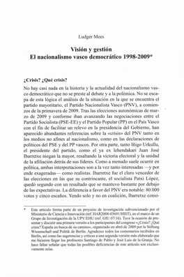 Visión Y Gestión El Nacionalismo Vasco Democrático 1998-2009*