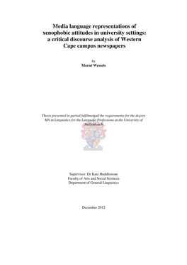 Media Language Representations of Xenophobic Attitudes in University Settings: a Critical Discourse Analysis of Western Cape Campus Newspapers