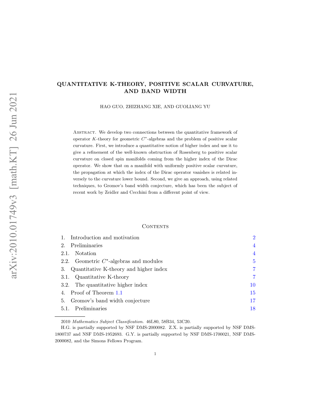 Arxiv:2010.01749V3 [Math.KT] 26 Jun 2021 803 N S M-929.GY Sprilyspotdby Program