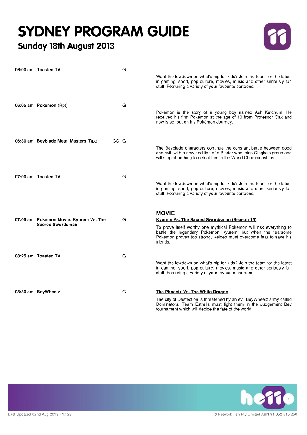 SYDNEY PROGRAM GUIDE Sunday 18Th August 2013