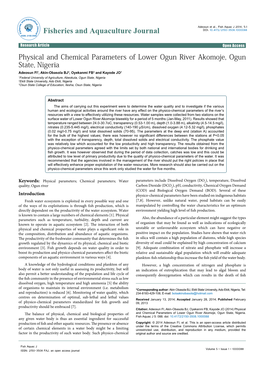 Physical and Chemical Parameters of Lower Ogun River Akomoje, Ogun