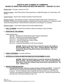 North Plains Chamber of Commerce Board of Directors Regular Meeting Minutes – January 30, 2014