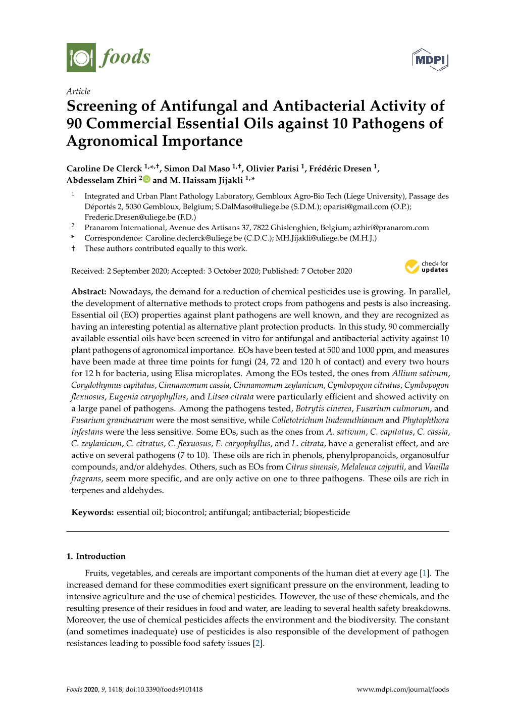 Screening of Antifungal and Antibacterial Activity of 90 Commercial Essential Oils Against 10 Pathogens of Agronomical Importance