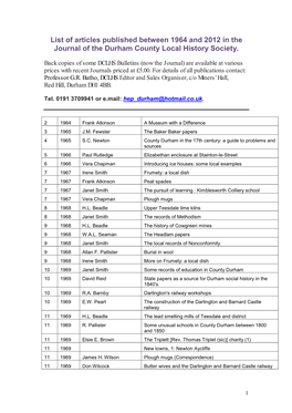 List of Articles Published Between 1964 and 2012 in the Journal of the Durham County Local History Society