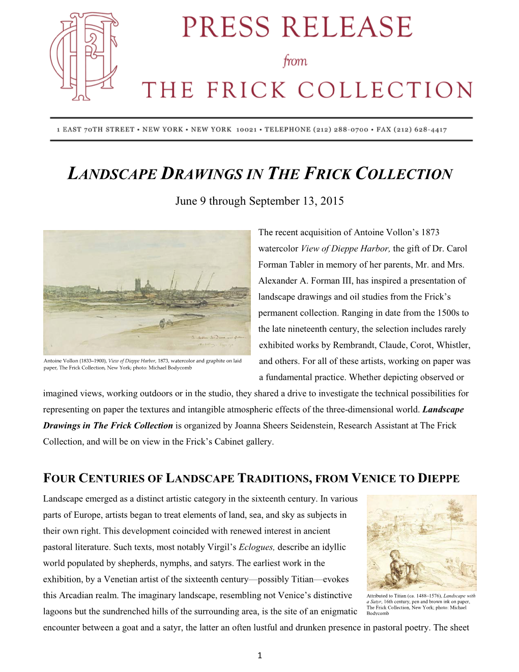 LANDSCAPE DRAWINGS in the FRICK COLLECTION June 9 Through September 13, 2015