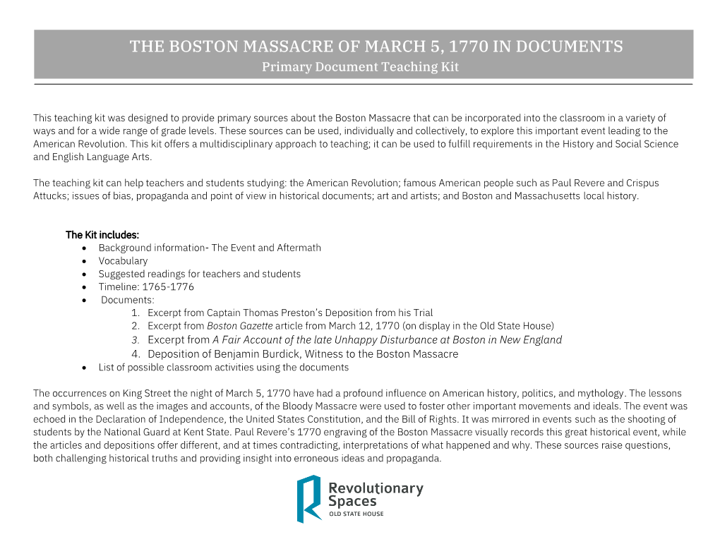 THE BOSTON MASSACRE of MARCH 5, 1770 in DOCUMENTS Primary Document Teaching Kit