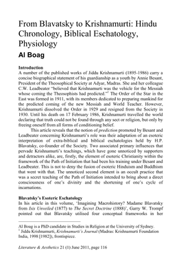 From Blavatsky to Krishnamurti: Hindu Chronology, Biblical Eschatology, Physiology Al Boag