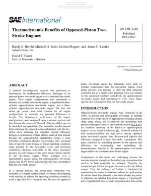 Thermodynamic Benefits of Opposed-Piston Two- 2011-01-2216 Published Stroke Engines 09/13/2011