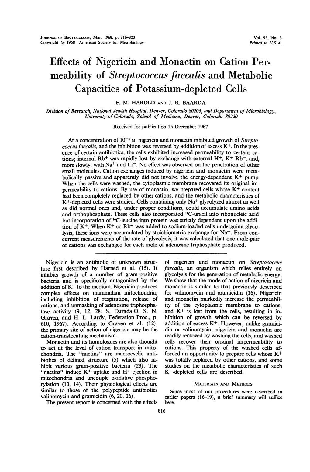 Effects of Nigericin and Monactin on Cation Per- Meability of Streptococcus Faecalis and Metabolic Capacities of Potassium-Depleted Cells