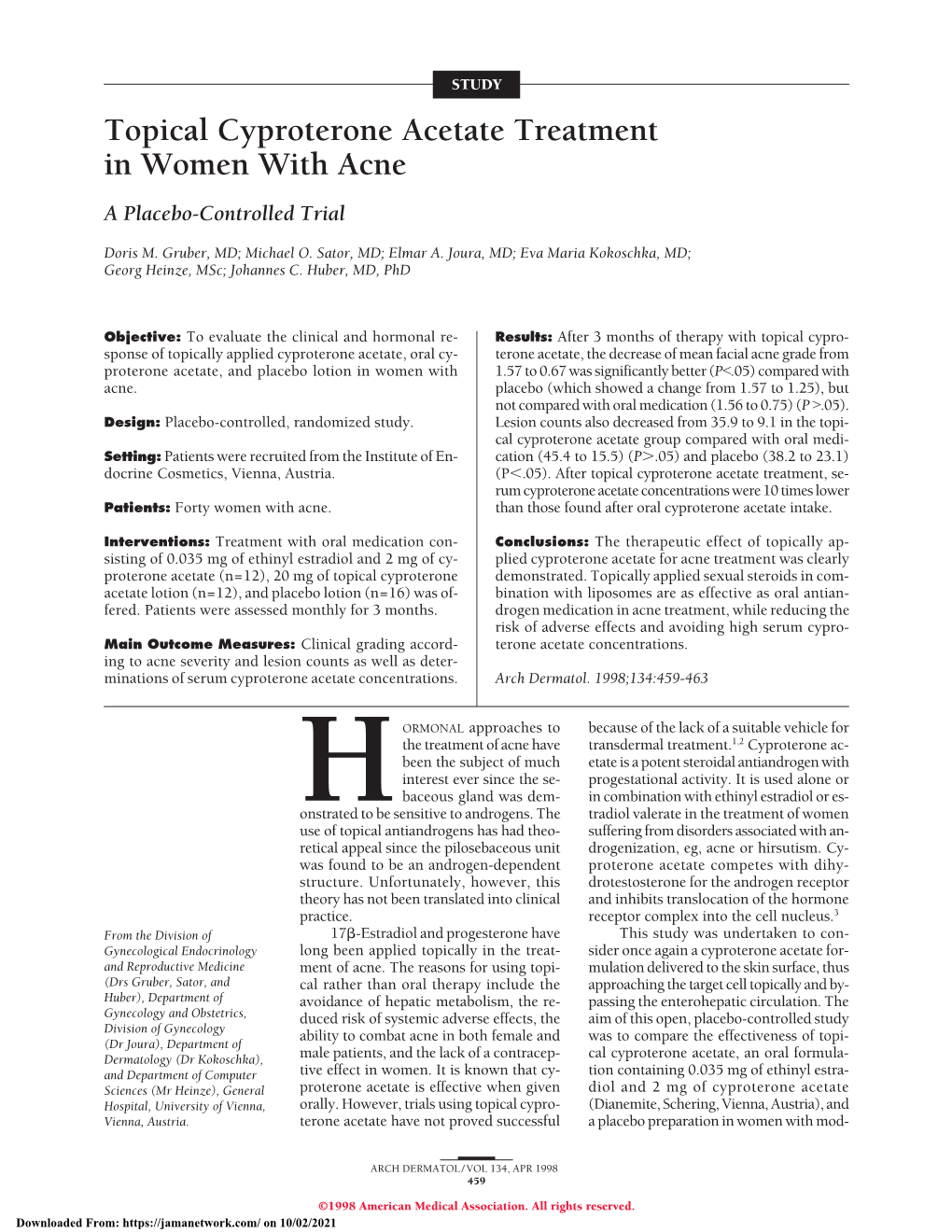 Topical Cyproterone Acetate Treatment in Women with Acne a Placebo-Controlled Trial