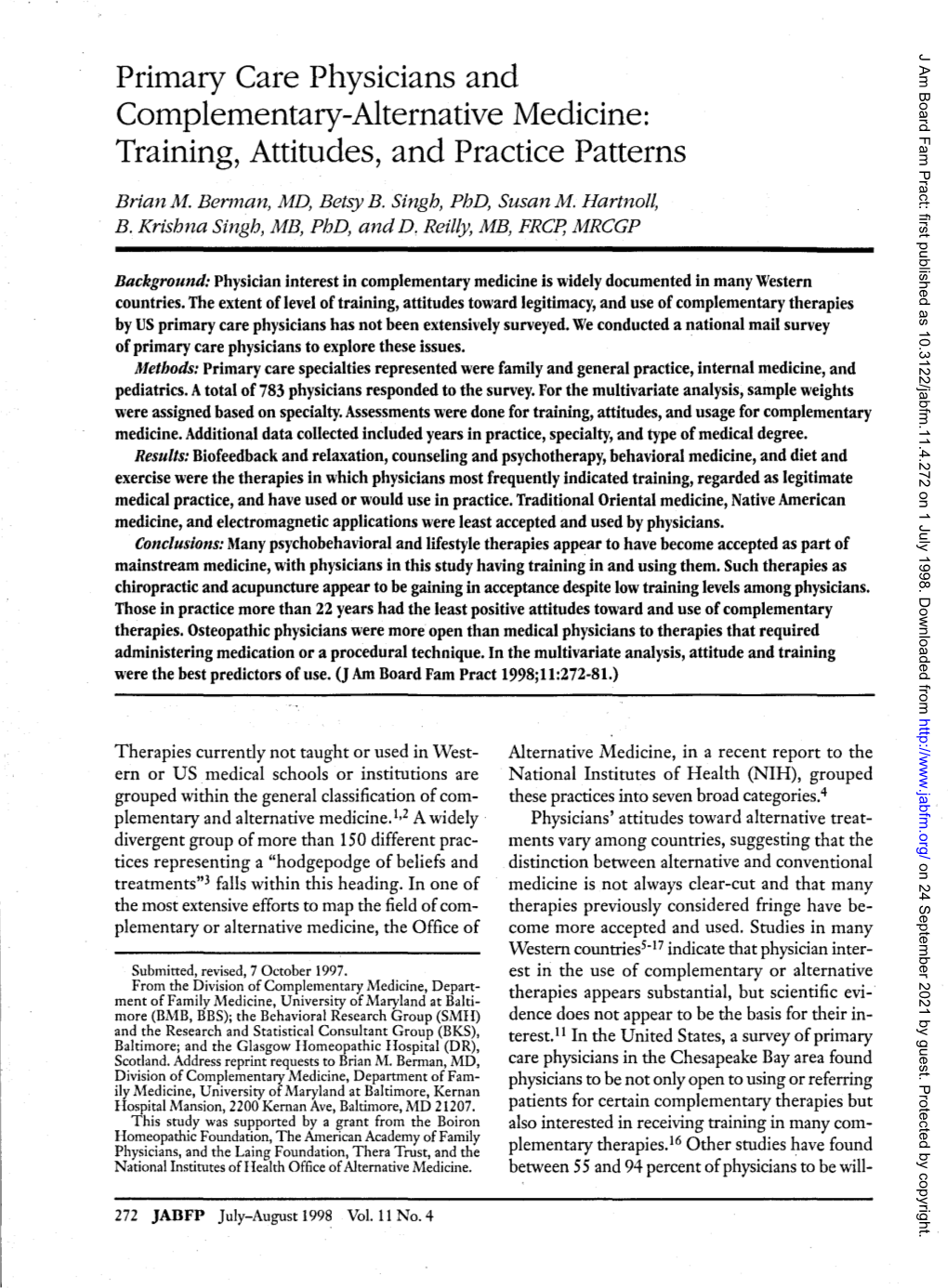 Primary Care Physicians and Complementary-Alternative Medicine: Training, Attitudes, and Practice Patterns