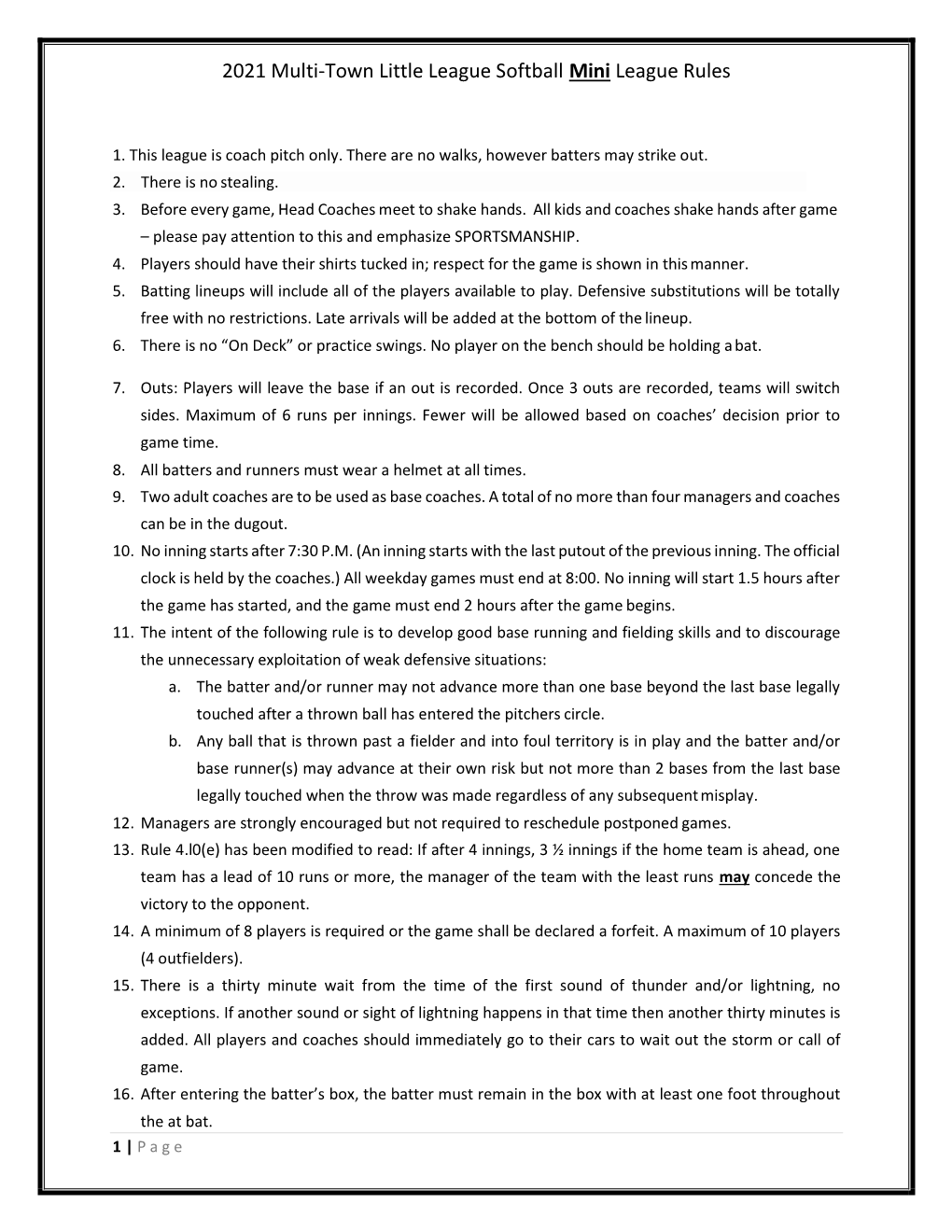 2021 Softball Rules of Play