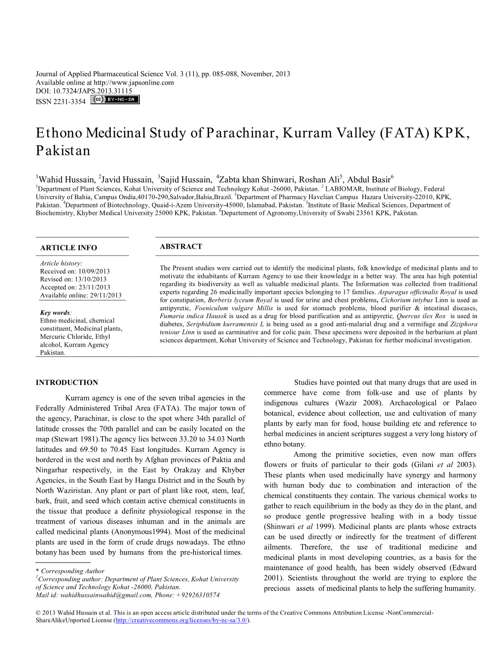 Ethono Medicinal Study of Parachinar, Kurram Valley (FATA) KPK, Pakistan